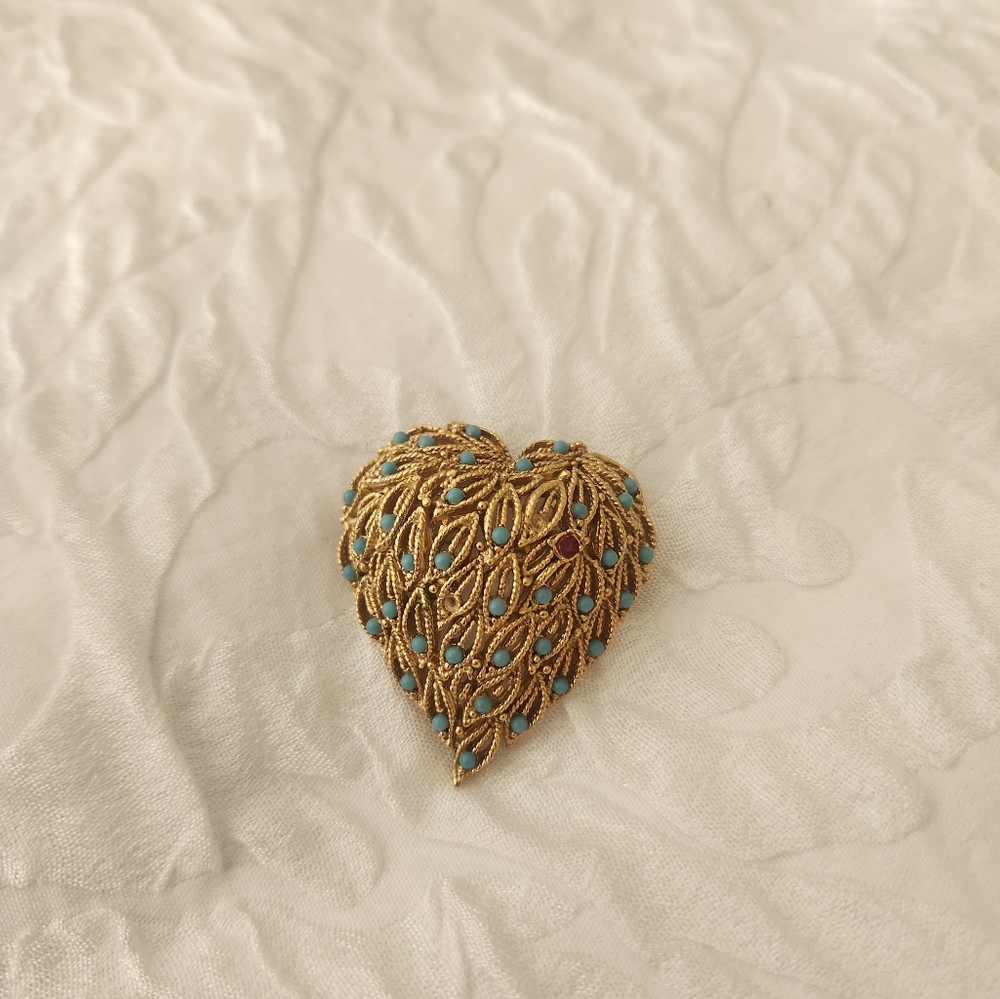 Vintage Turquoise/Garnet Gold Brooch